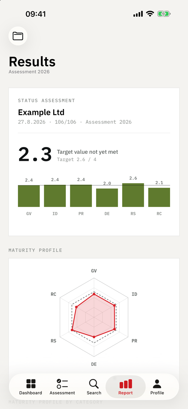 Cyber Maturity Audit on iPhone — Report: Result, radar profile, gap analysis — and the PDF.