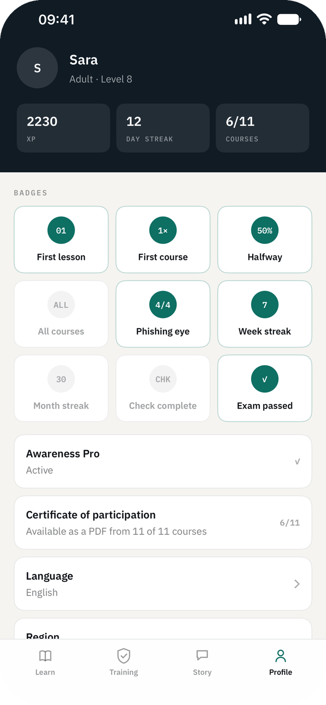 Cyber Security Awareness Fit on iPhone — Profile: Your progress stays with you. No account, no server, no tracking.