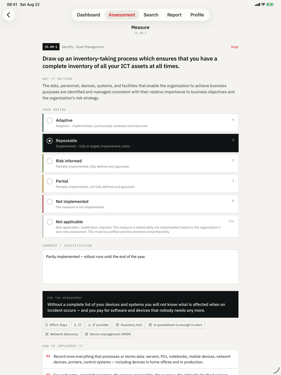 IKT-Minimalstandard on iPad — Official wording, then maturity 0–4 — as in the Excel tool.