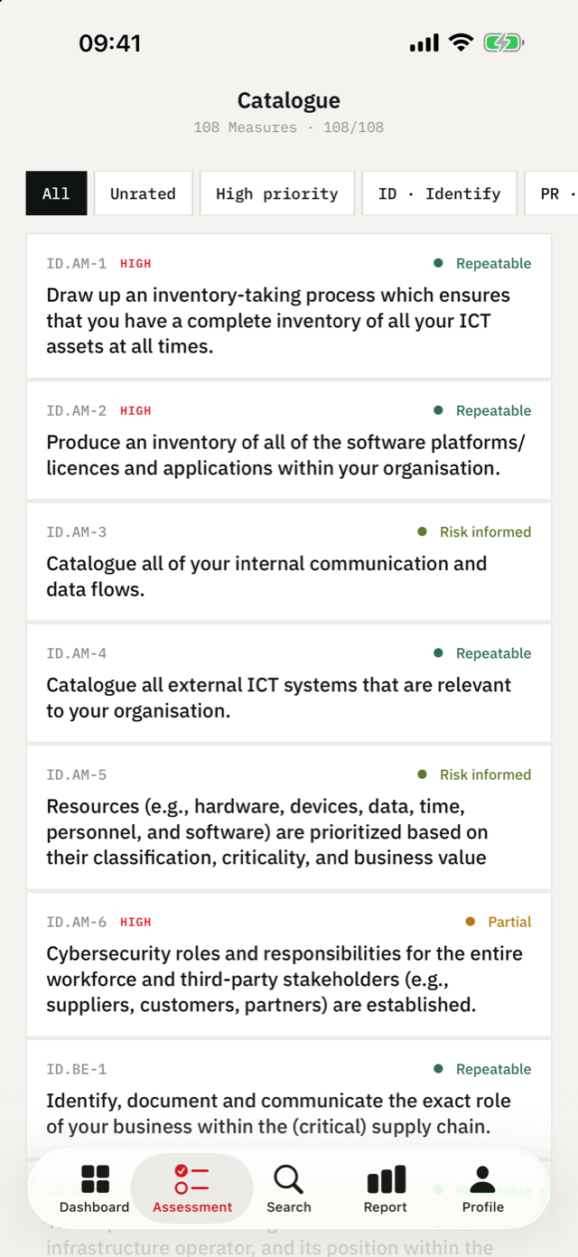 IKT-Minimalstandard on iPhone — All 108 measures with priority and your current rating.