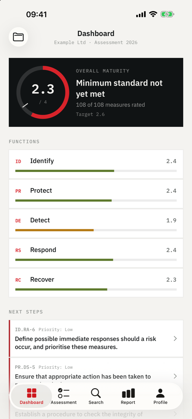 IKT-Minimalstandard on iPhone — Overall maturity, every function against the target value.