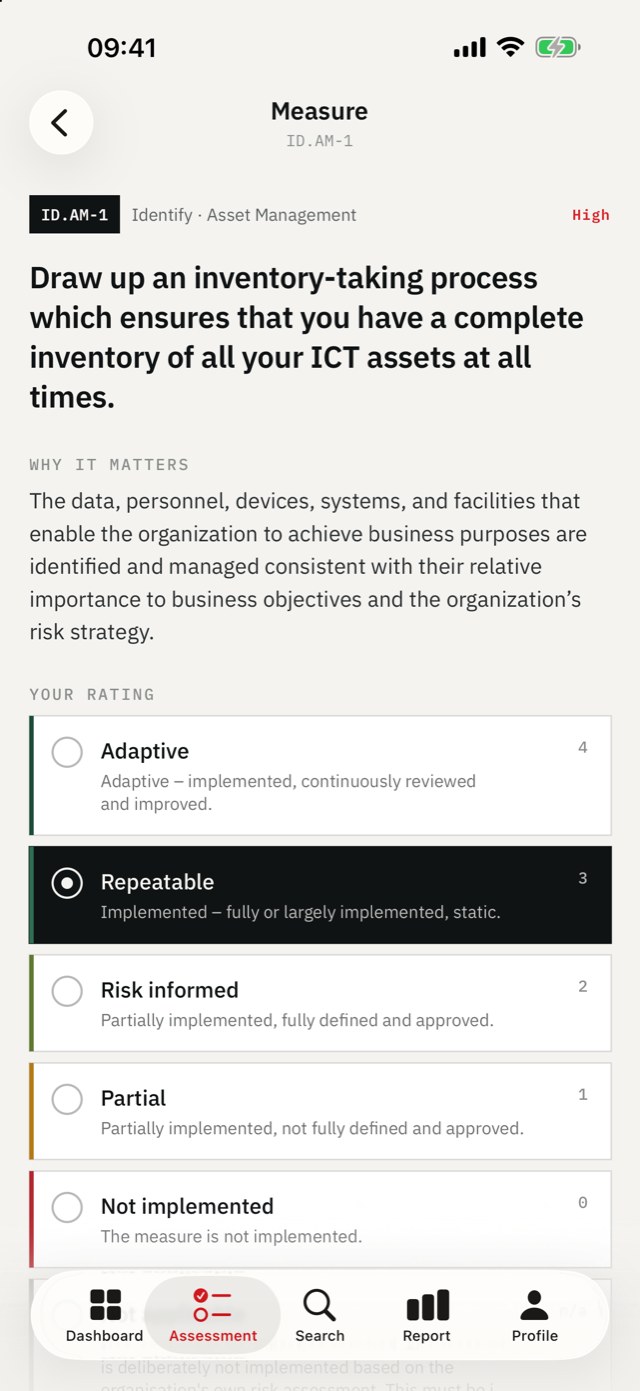 IKT-Minimalstandard on iPhone — Official wording, then maturity 0–4 — as in the Excel tool.