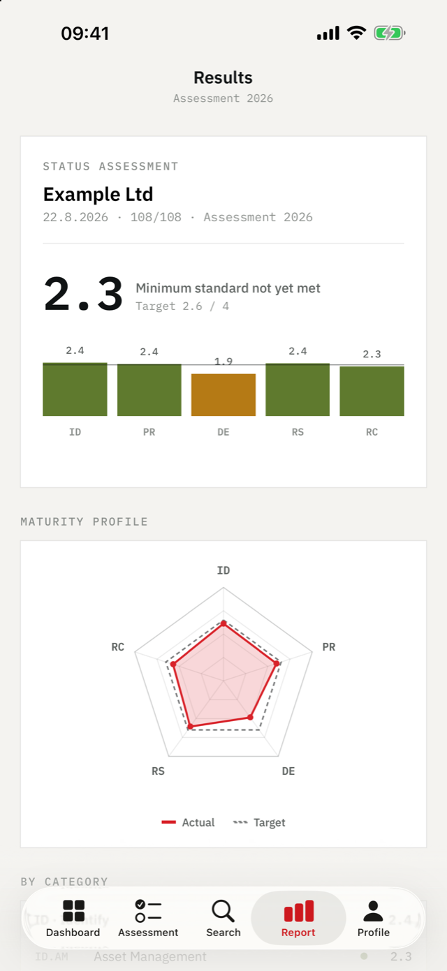 IKT-Minimalstandard on iPhone — Result, radar profile, gap analysis — and the PDF.