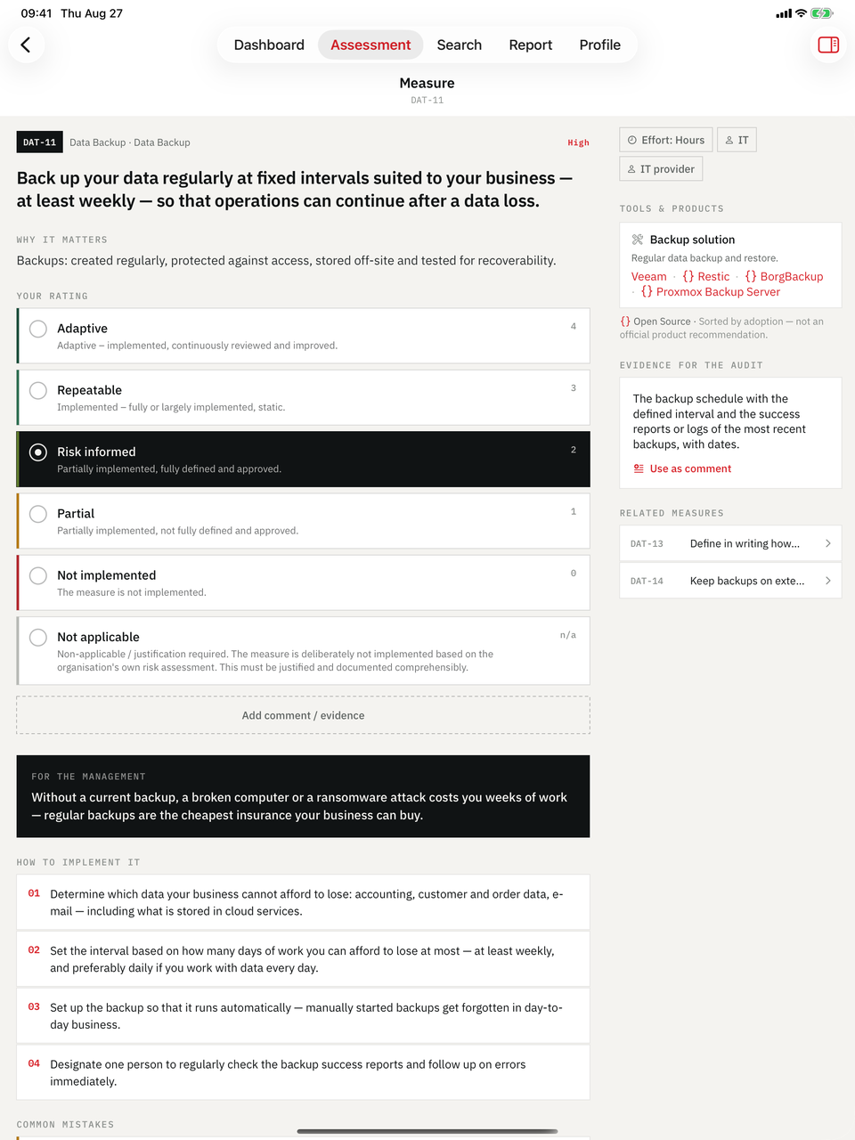 KMU Cyber-Audit on iPad — Requirement: The requirement in full, then maturity 0–4.