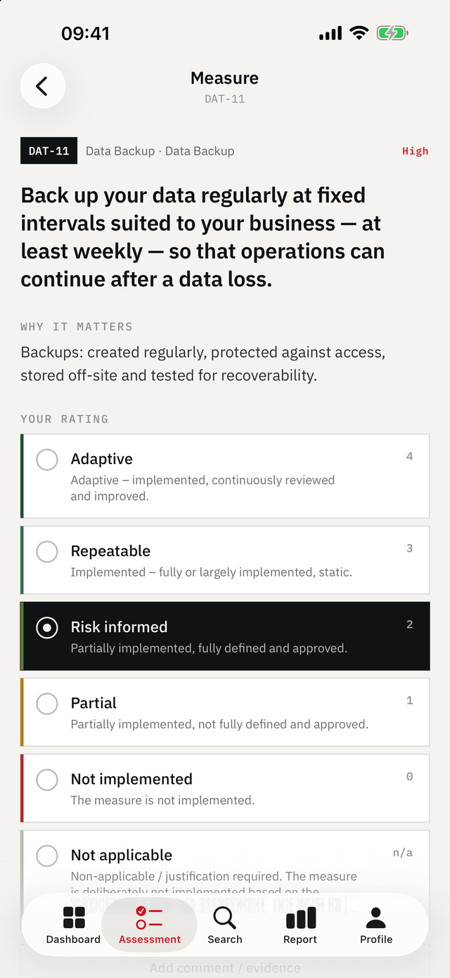 KMU Cyber-Audit on iPhone — Requirement: The requirement in full, then maturity 0–4.