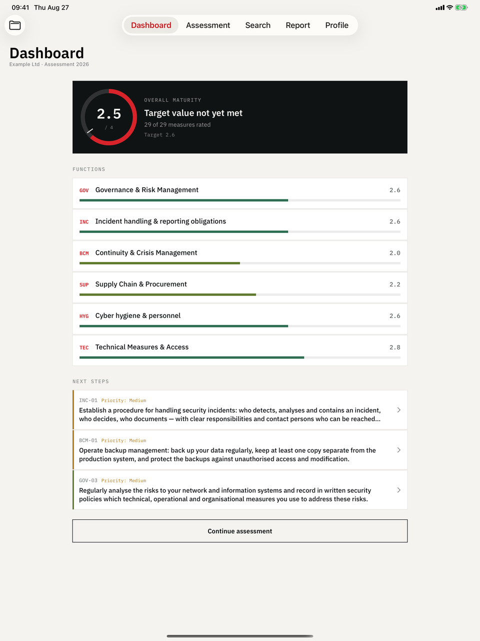 NIS2 Readiness Audit on iPad — Dashboard: Overall readiness, every topic area against the target value.
