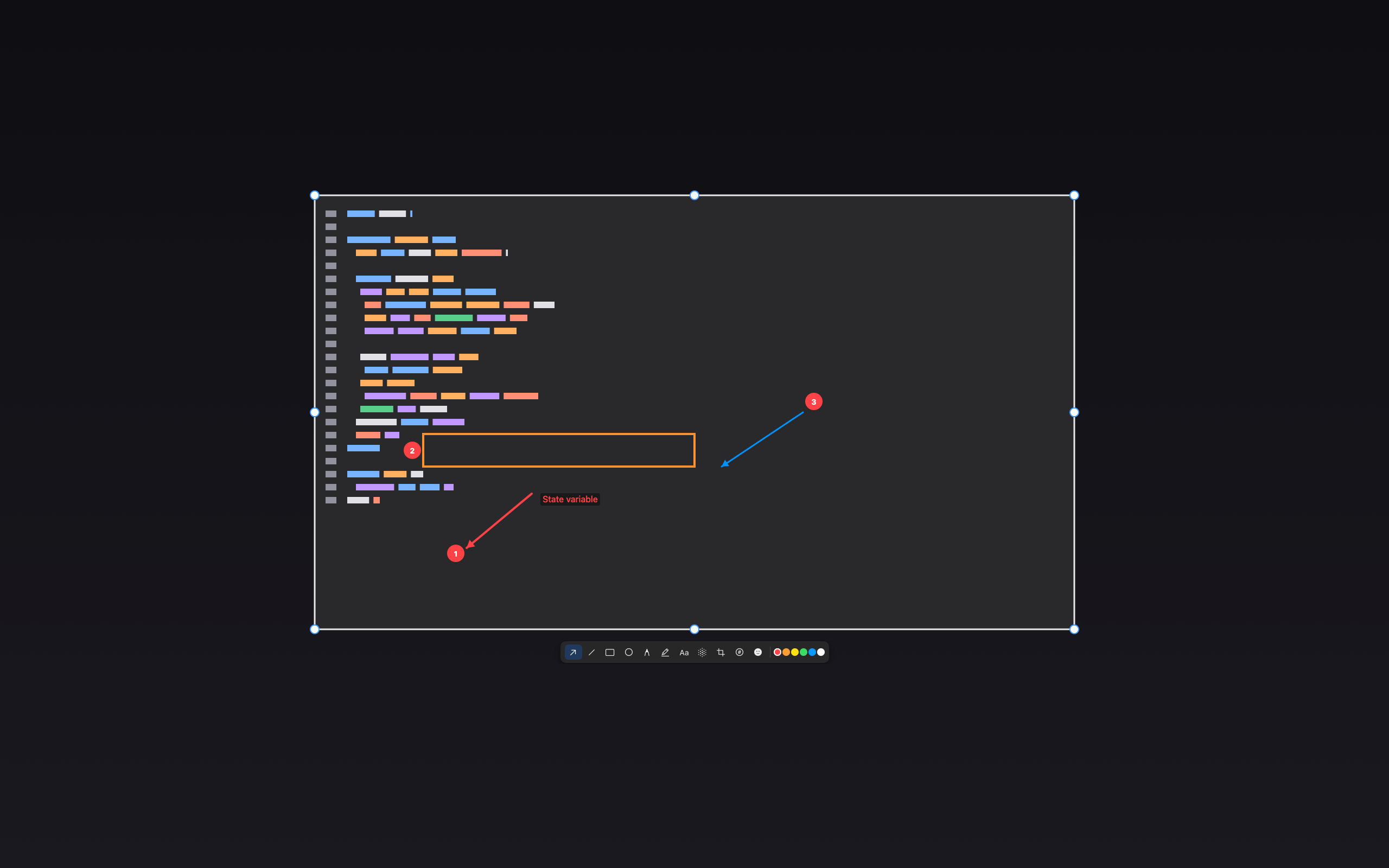 Inline editor on a captured region, floating toolbar below.