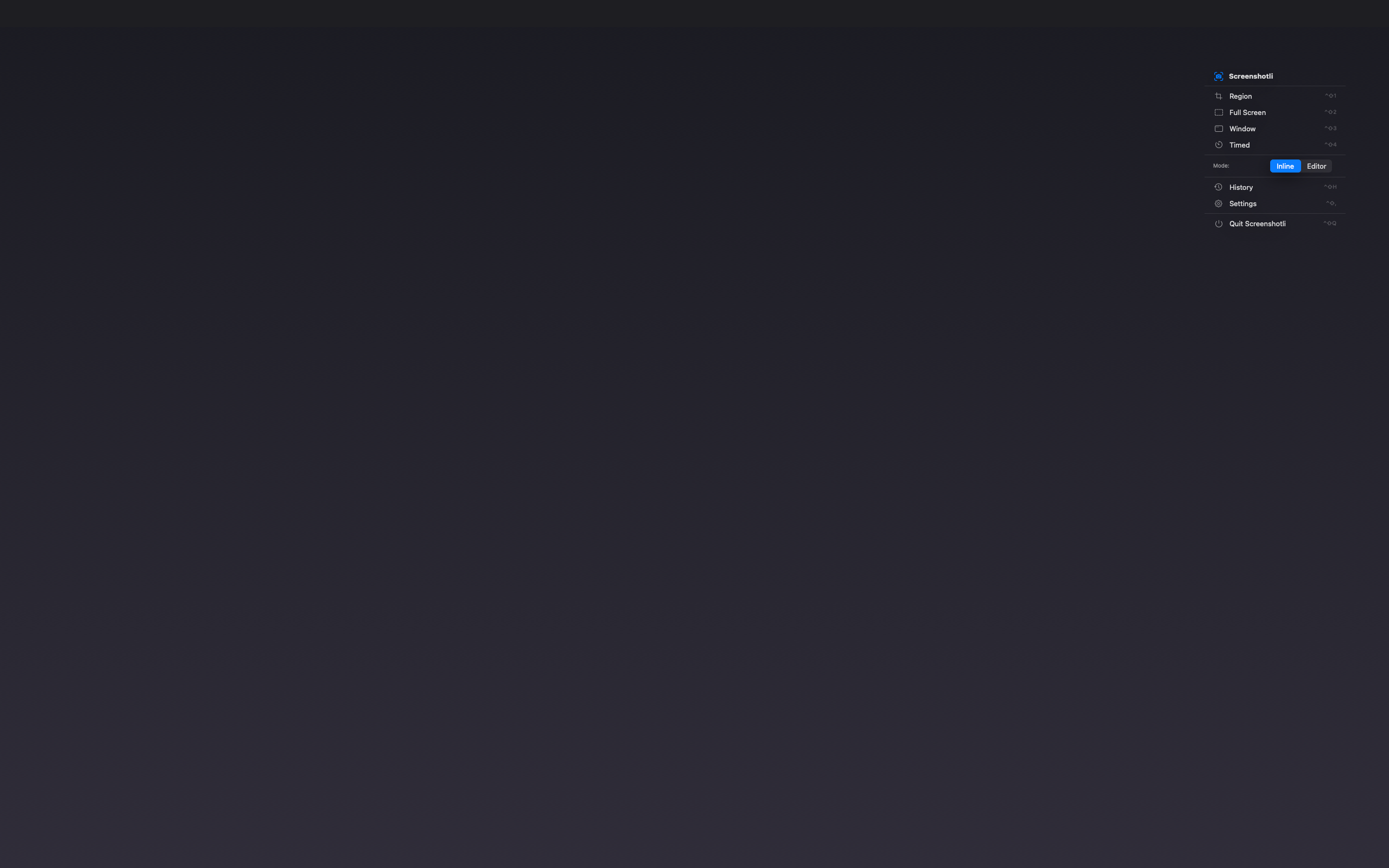Menu bar popover with Screenshotli actions.